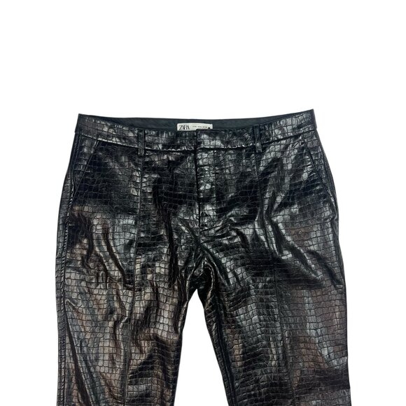 ZARA Faux Leather Trouser Pants Size XL Crocodile Embossed Front Hem Slit Black - Picture 7 of 16